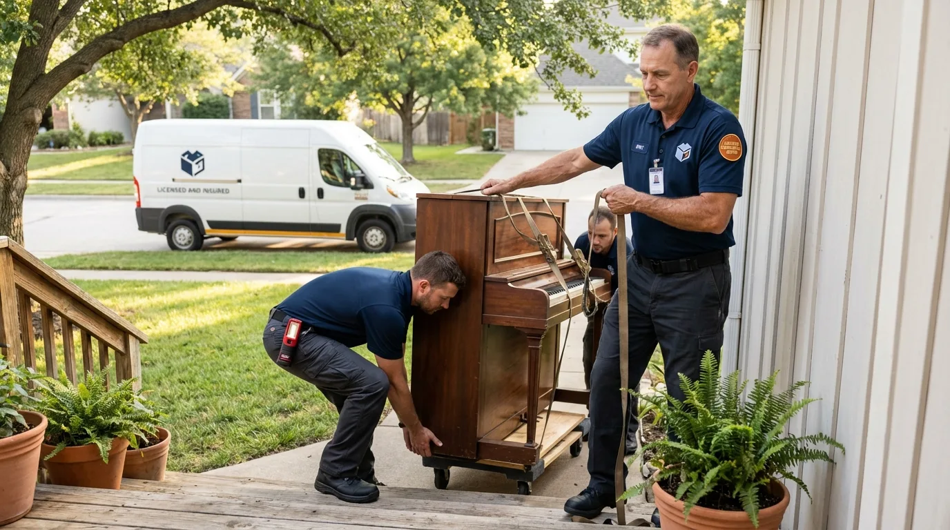 Licensed piano movers securing grand piano in Fort Bliss, TX