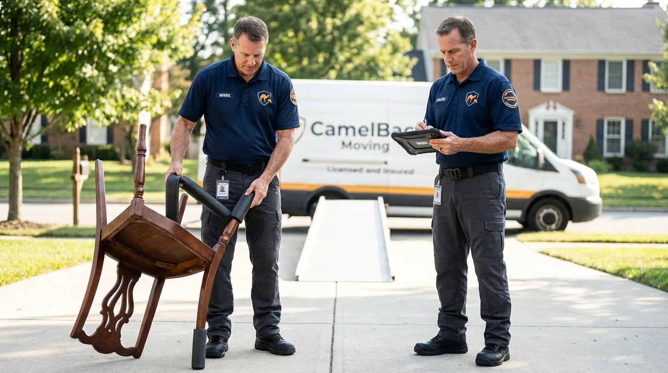 Movers inspecting furniture for damage prevention before loading in Fort Bliss, TX