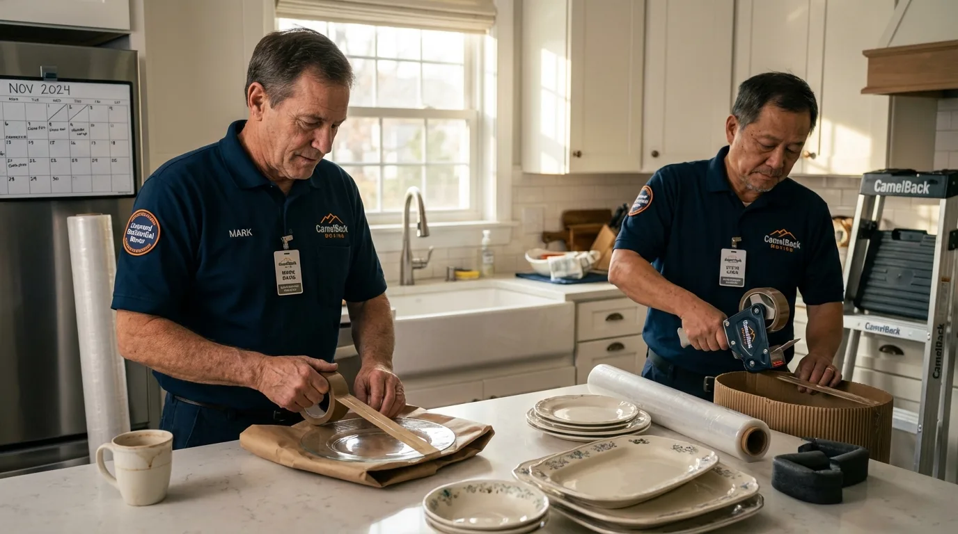 Professional crew packing kitchen dishware in Fort Bliss, TX